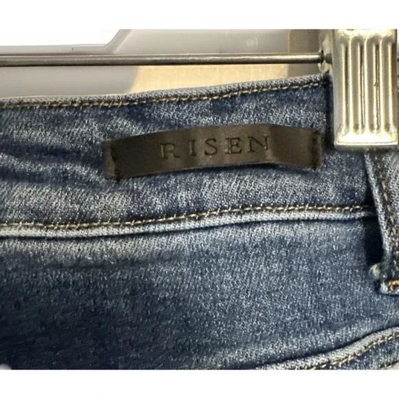 Risen High-Rise Straight Jeans Blue Denim Raw Hem Frayed Distressed Size 29/9 - Picture 6 of 8